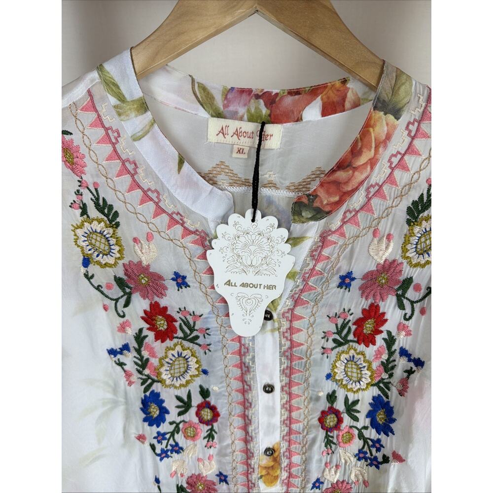 NWT All About Her White Floral Cupro Rayon Embroidered Tunic #0983 Size XL - Picture 4 of 4